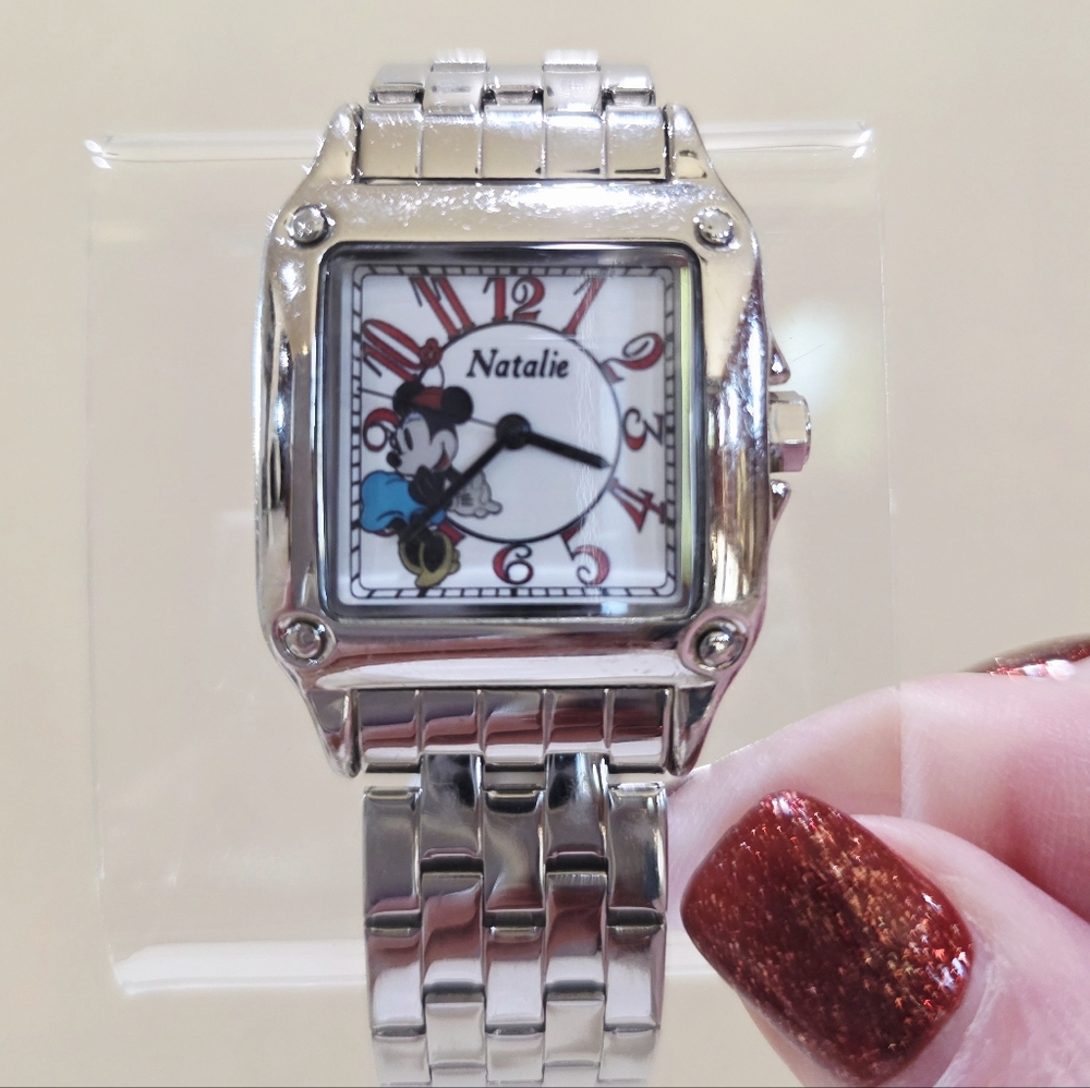 Disney Minnie Mouse "NATALIE" Square Face Silver Bracelet Women's Watch Runs